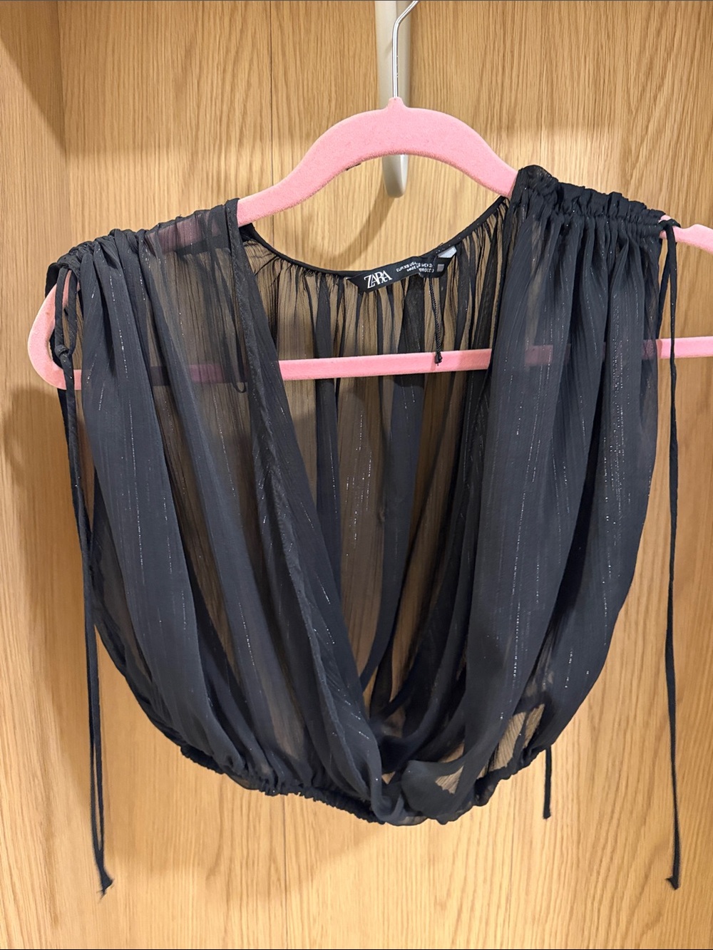 Zara Black Sheer Metallic-Thread Crop Camisole